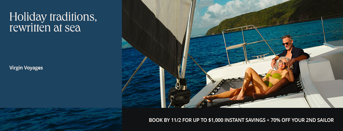 Holiday traditions, rewritten at sea with Virgin Voyages. Book by 11/2 for up to $1,000 instant savings + 70% off your 2nd sailor.